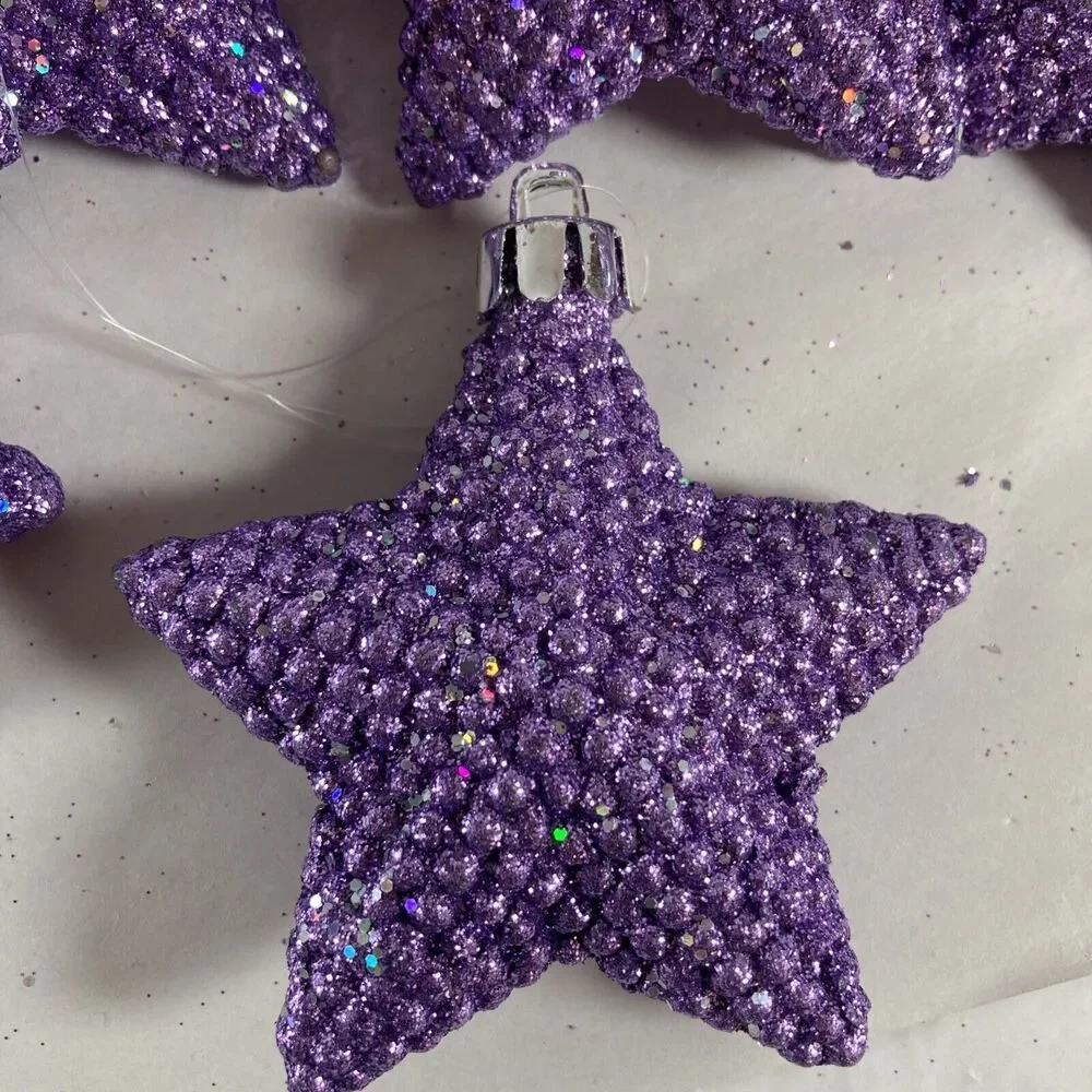Purple Glitter Christmas Ornaments Stars Holiday Decor Lot Of 48 Vintage Violet